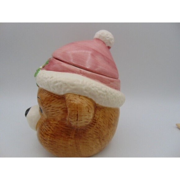 Small Brown Christmas Teddy Bear Cookie or Candy Jar Ceramic Hand Painted - Picture 4 of 12